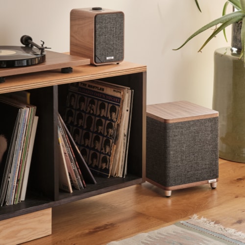 Ruark RS1 with slate Grey cabinet cloth and Rich Walnut top and bottom panels