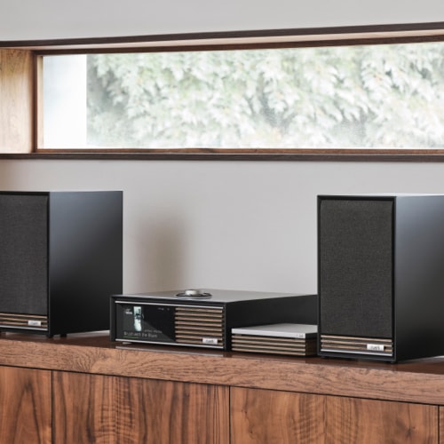 Ruark R-CD100 CD Player shown with R610 Music Console and Sabre-R Bookshelf Speakers