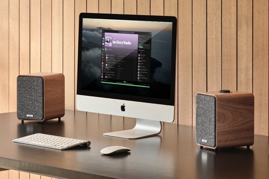 Ruark MR! in Rich Walnut veneer with slate grey fabric grille finish
